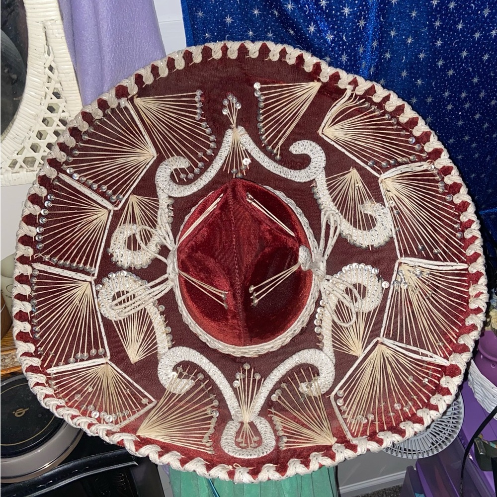 Mexican Maroon Sombrero with Intricate Embroidery & sequences into a pattern